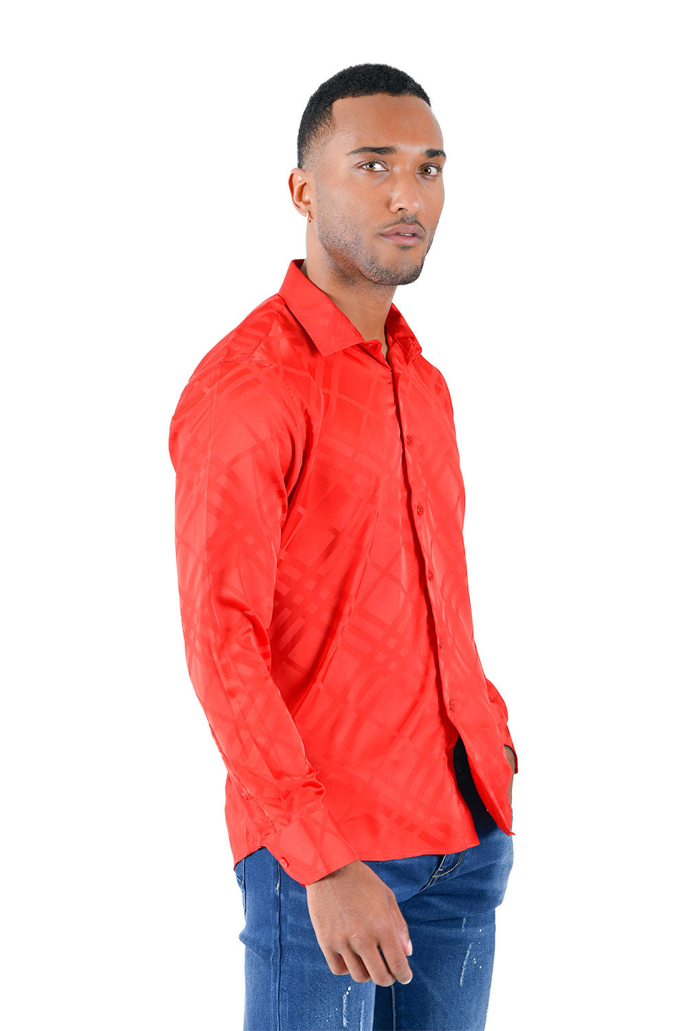 Barabas Men's Textured Diamond Geometric button down dress shirts B319 Red