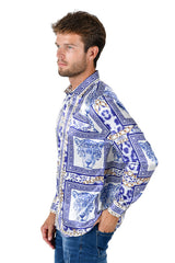 BARABAS Men's Wild Tiger Leopard Greek Pattern Button Down Shirts B352 royal