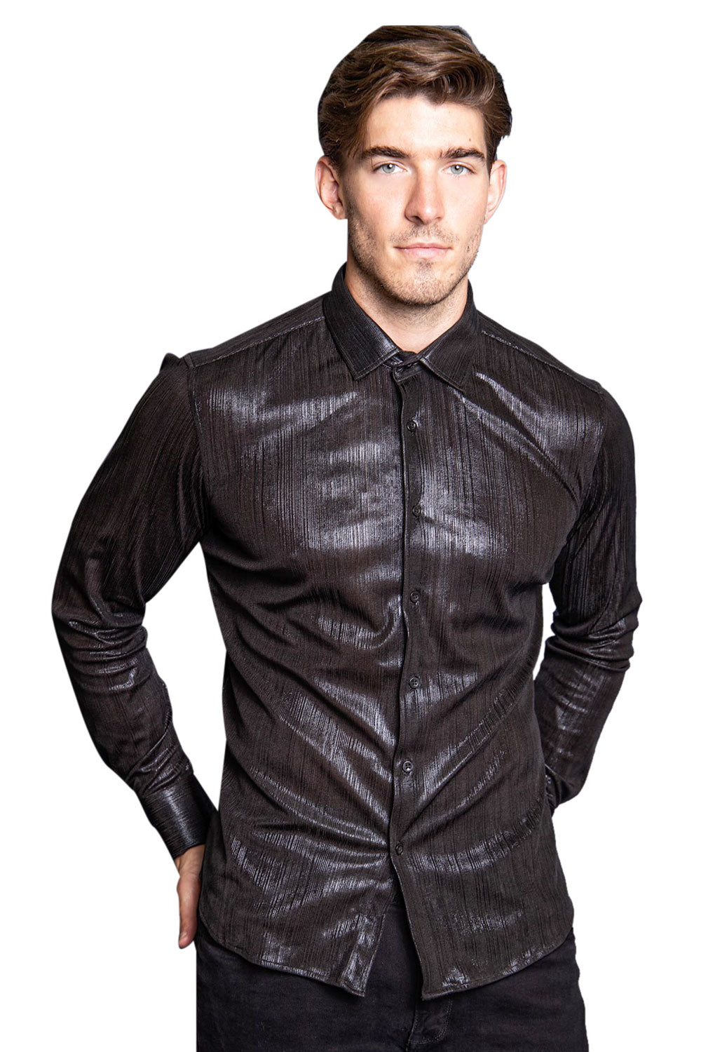 BARABAS Men's Premium Shinny Solid Color Button Down Dress Shirts B46 Black