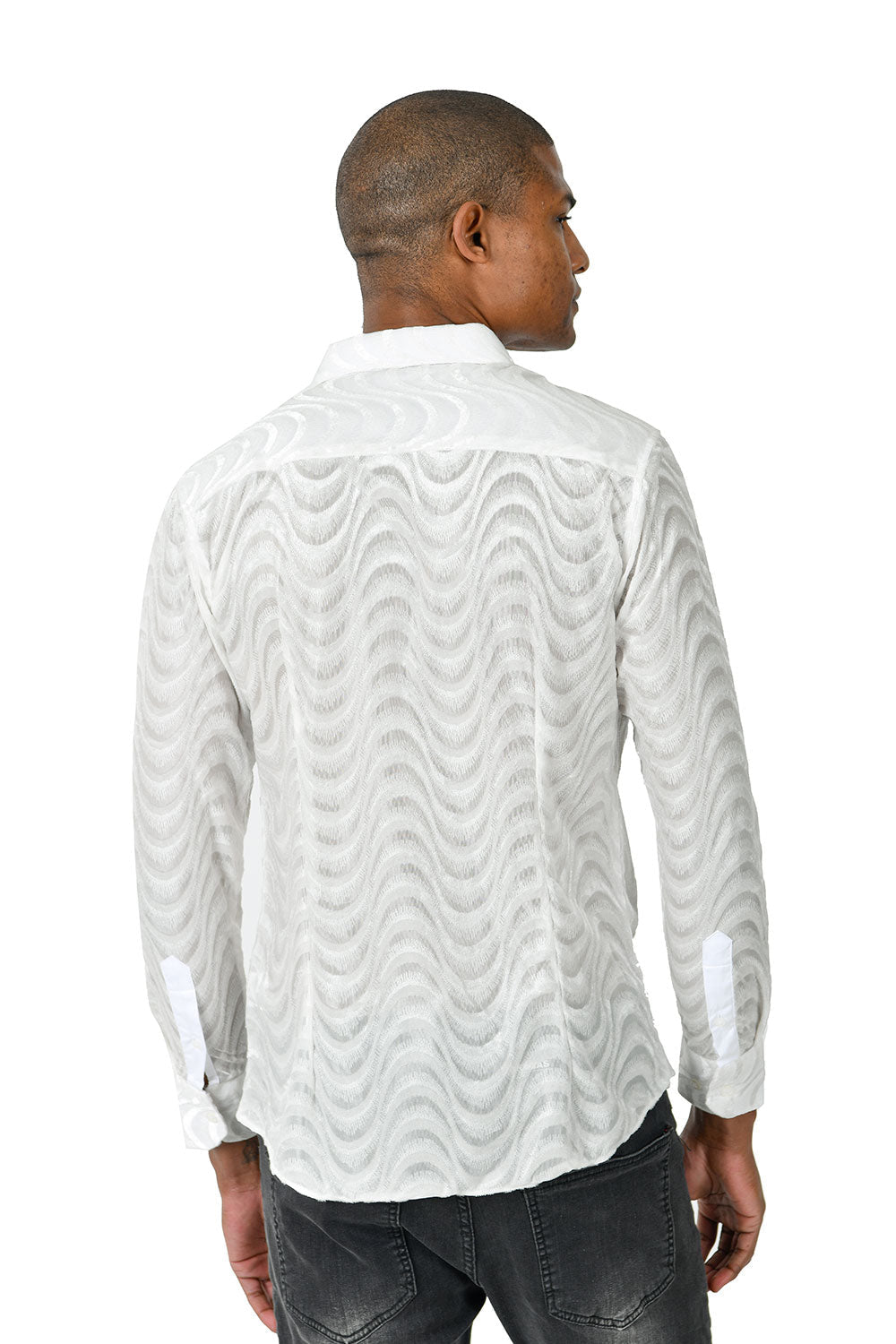  Barabas Men's Ocean Wave Print Button Down Long Sleeves Shirts B76 White