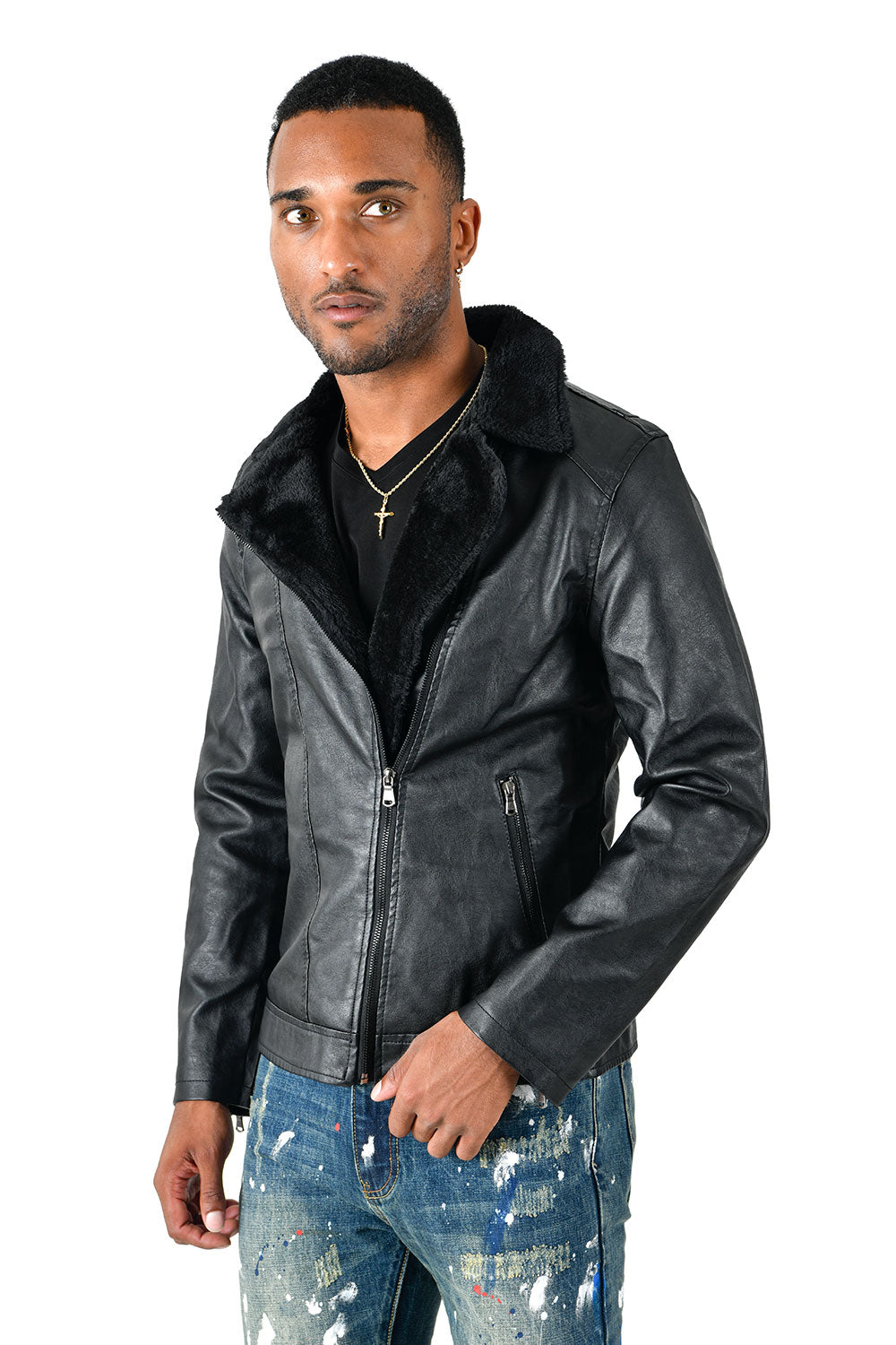BARABAS Men's Faux Leather Fur Collar Bomber Jacket Bh68