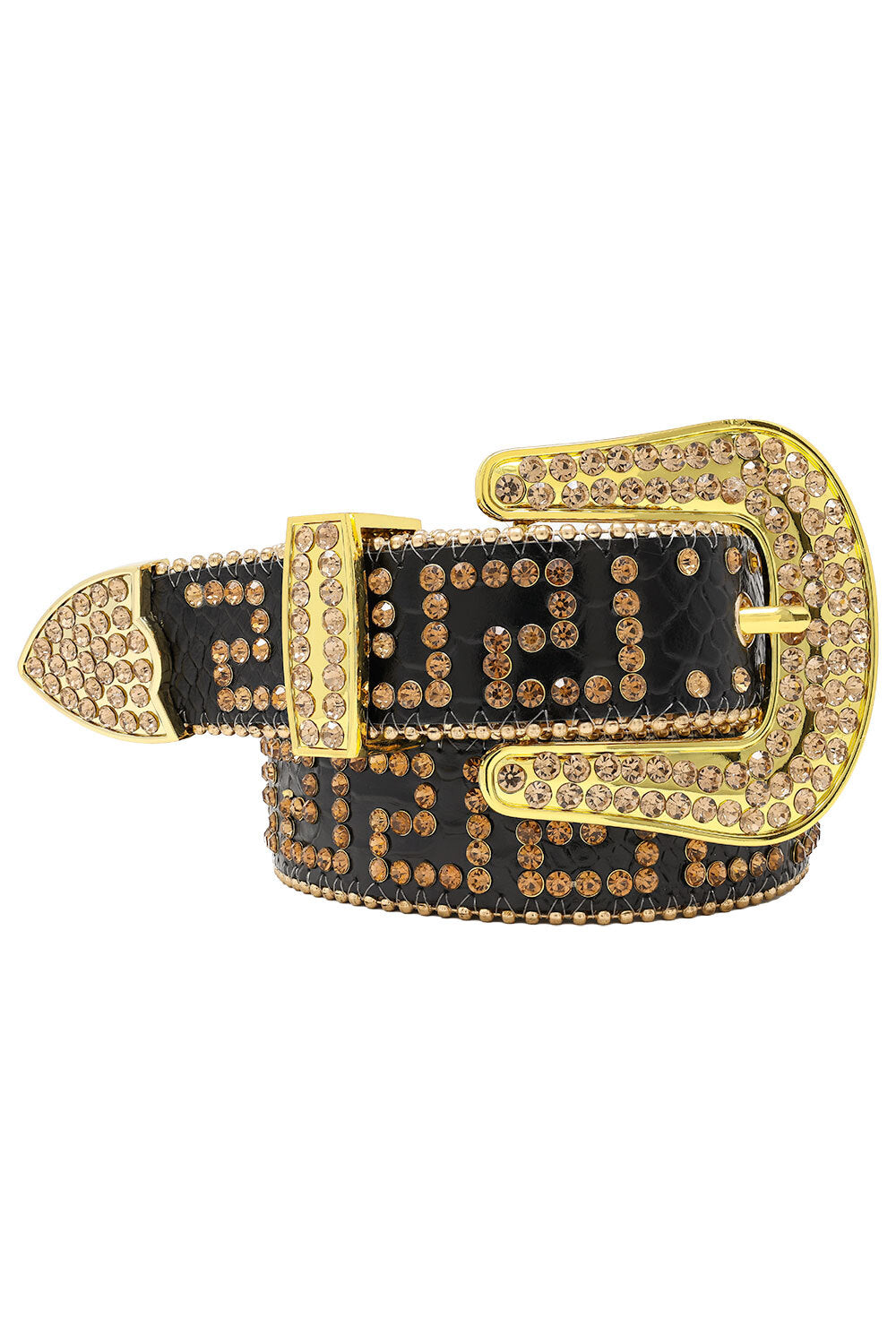 Barabas Men's Greek Key Pattern Rhinestone Leather Belt BK818 Black Gold