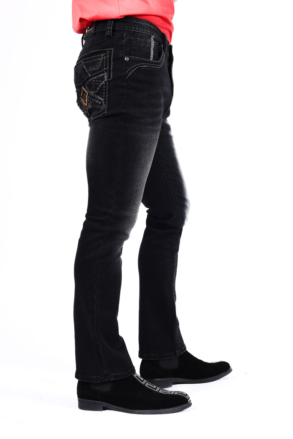Barabas Men's Western Cowboy Bootcut Denim Distressed Jeans BWJ4001 Black
