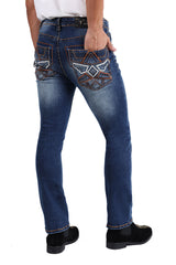 Barabas Men's Western Cowboy Bootcut Denim Distressed Jeans BWJ4001 Dark Blue