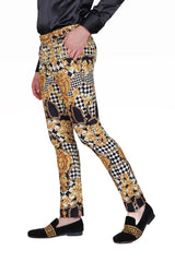 BARABAS Men's Printed Gold Chain Checkered Medusa Floral Pants CP178 Black Gold