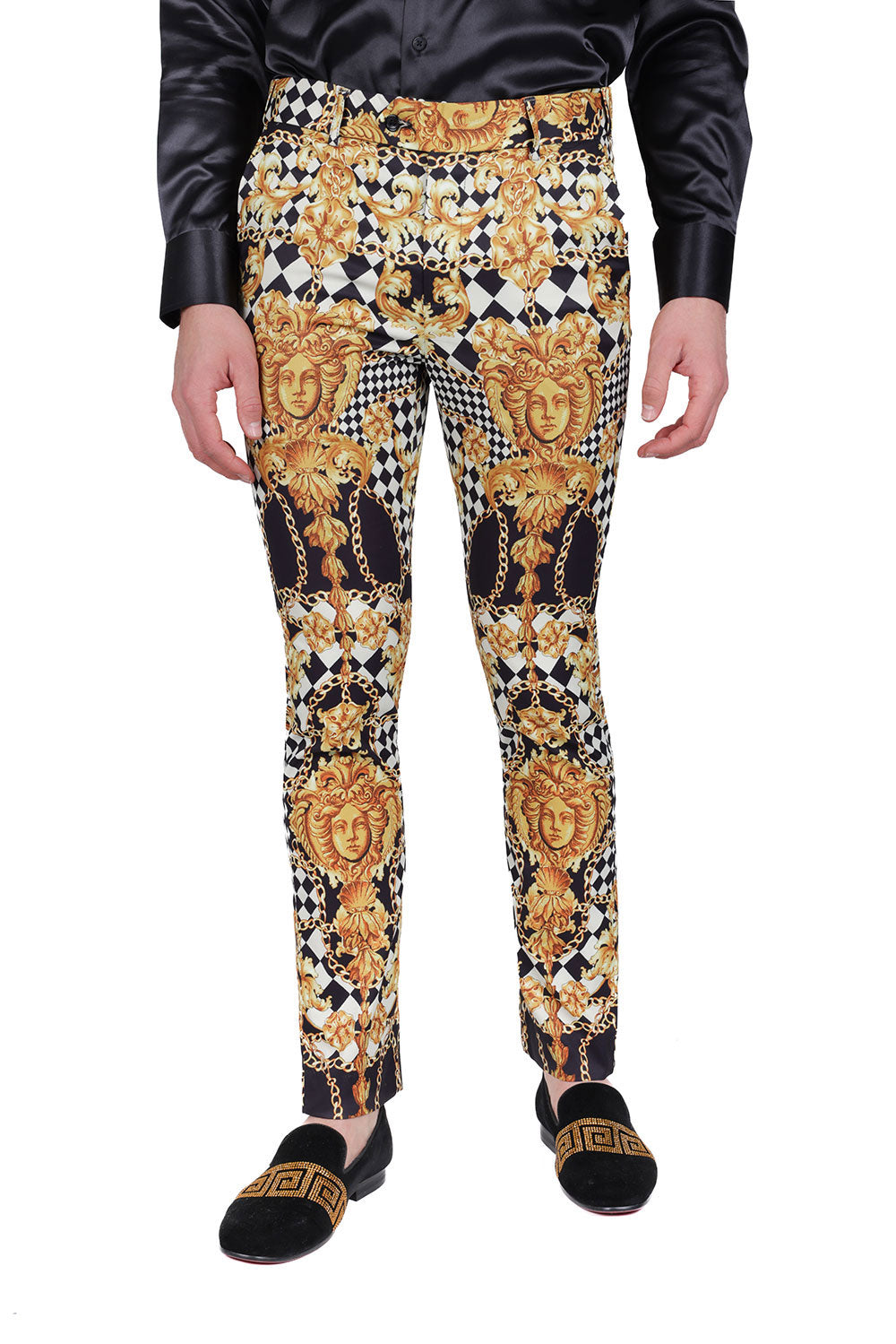 BARABAS Men's Printed Gold Chain Checkered Medusa Floral Pants CP178 Black Gold