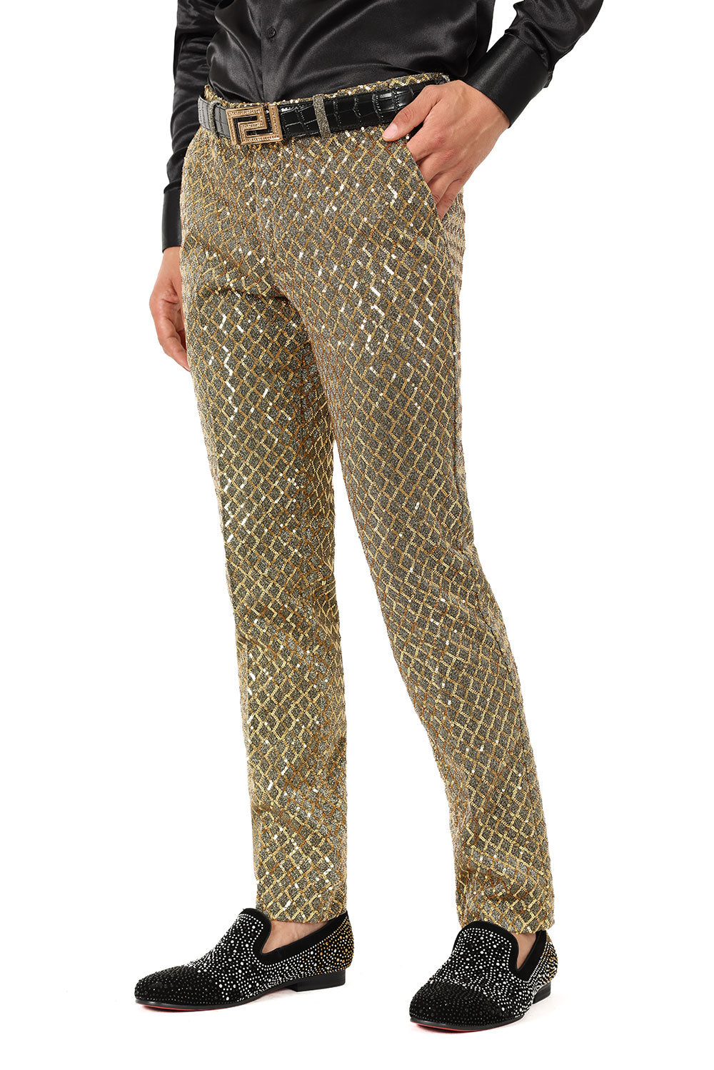 Barabas Men's Sequin Diamond Design Shiny Chino Pants 2CP3099 Gold