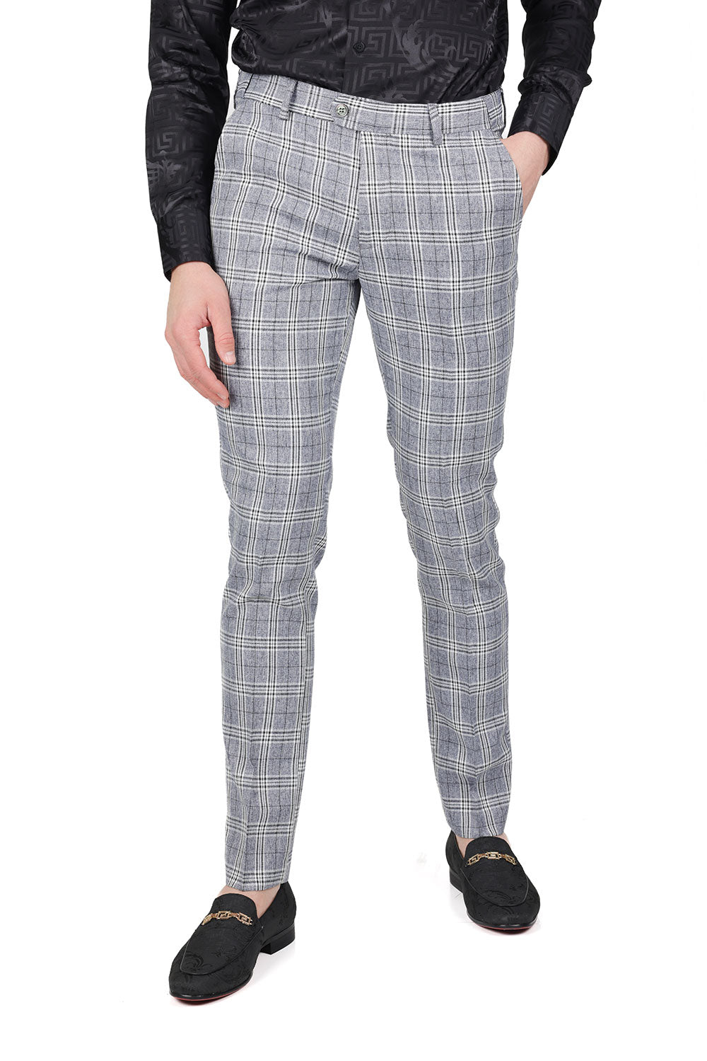 BARABAS men's checkered plaid grey white luxury chino pants CP47