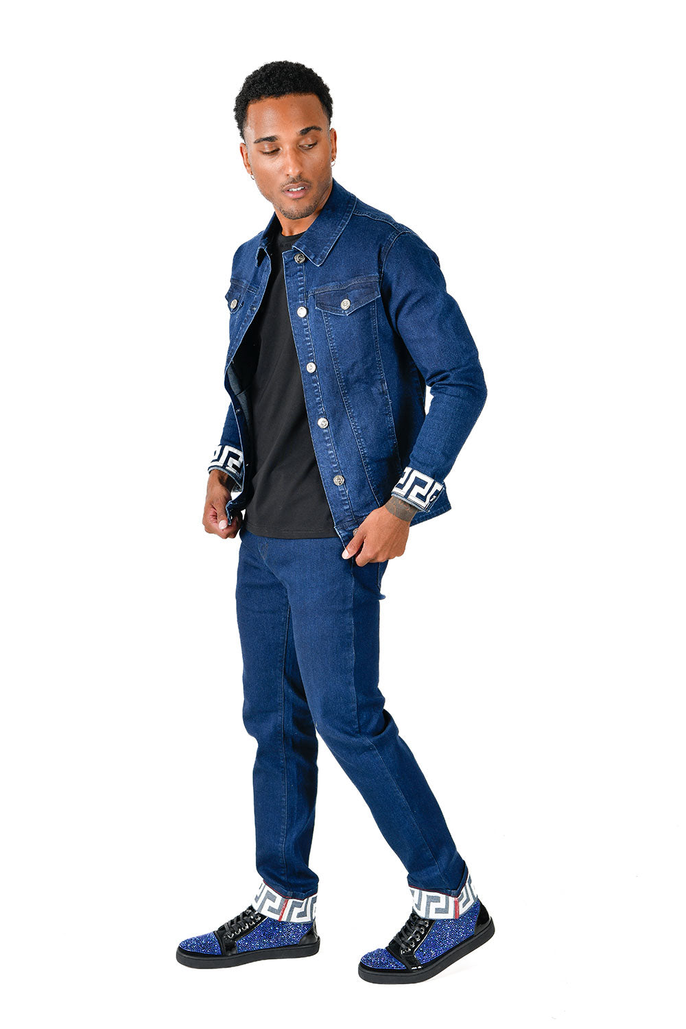BARABAS Men's Greek Key Pattern Design Luxury Denim Jacket JV855