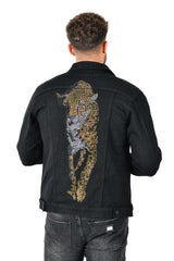 BARABAS Men's Rhinestone Scratch Tiger Design Black Denim Jacket JV856
