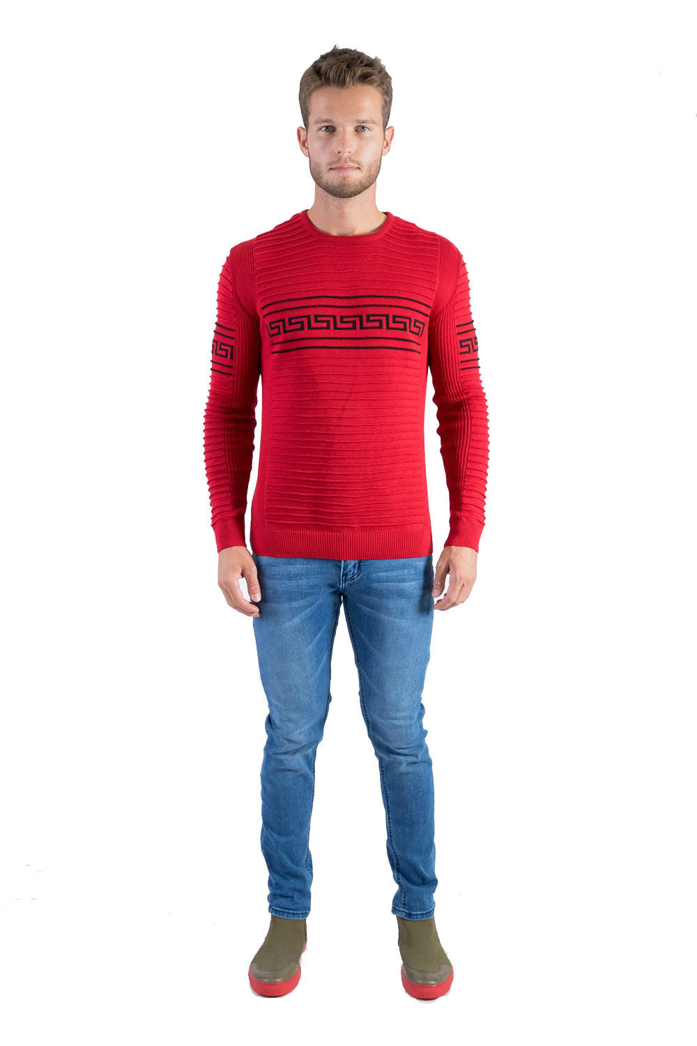 Barabas Men's Solid Color Greek Pattern Crew Neck Sweaters LS226