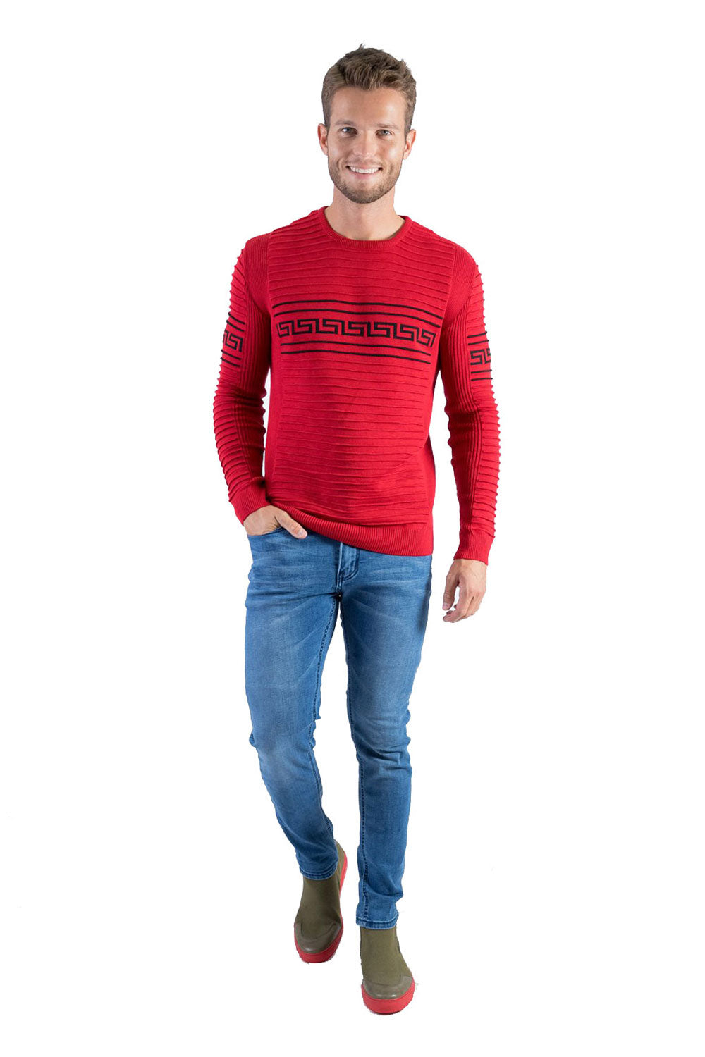 Barabas Men's Solid Color Greek Pattern Crew Neck Sweaters LS226