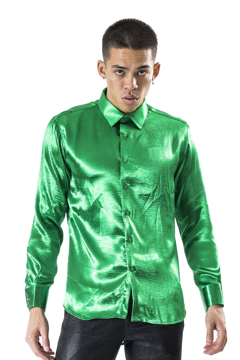 BARABAS Men shinny solid color button down dress Shirts B302 Green
