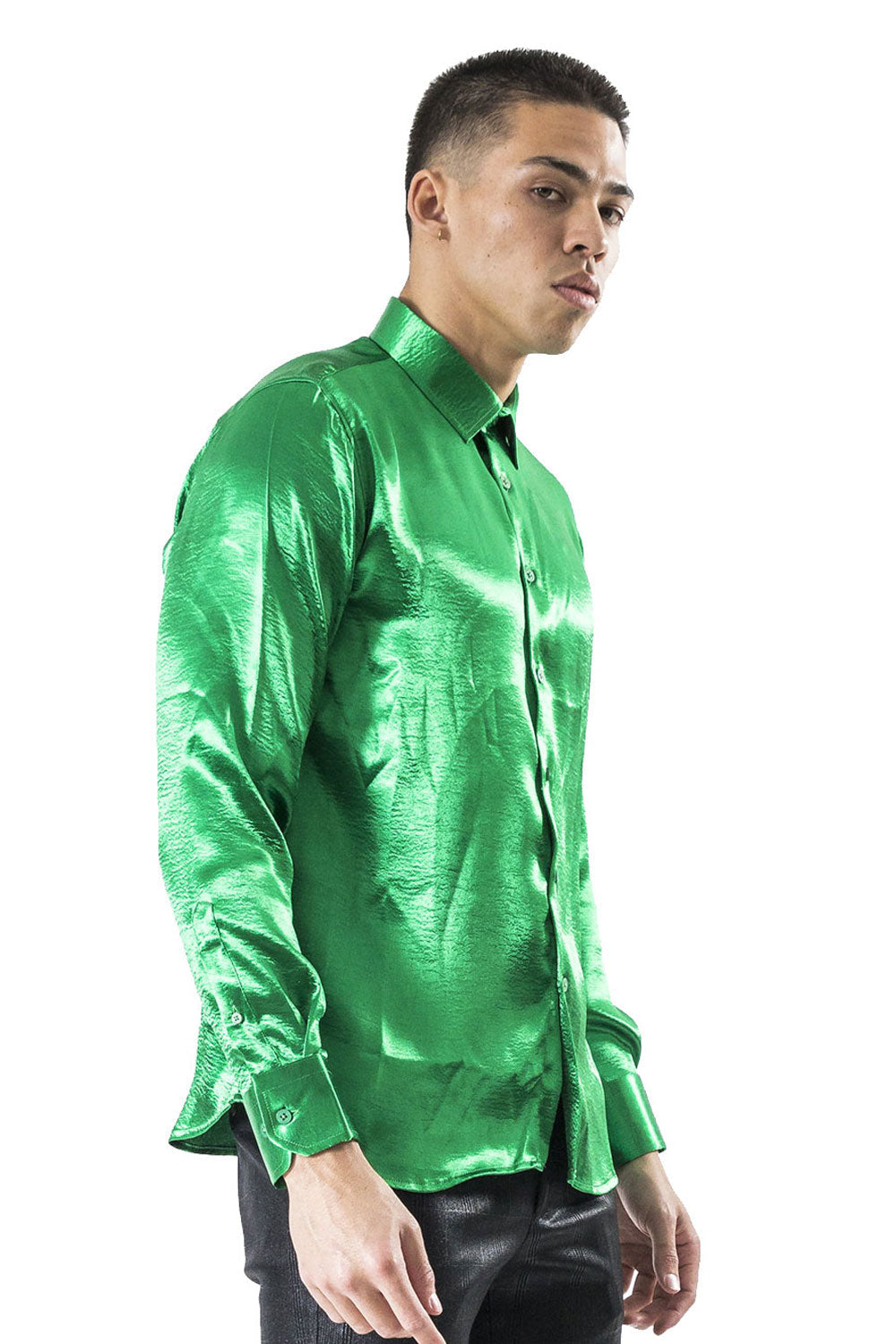 Men's Shinny Solid Color Button Down Long Sleeves Shirts B3202 Green