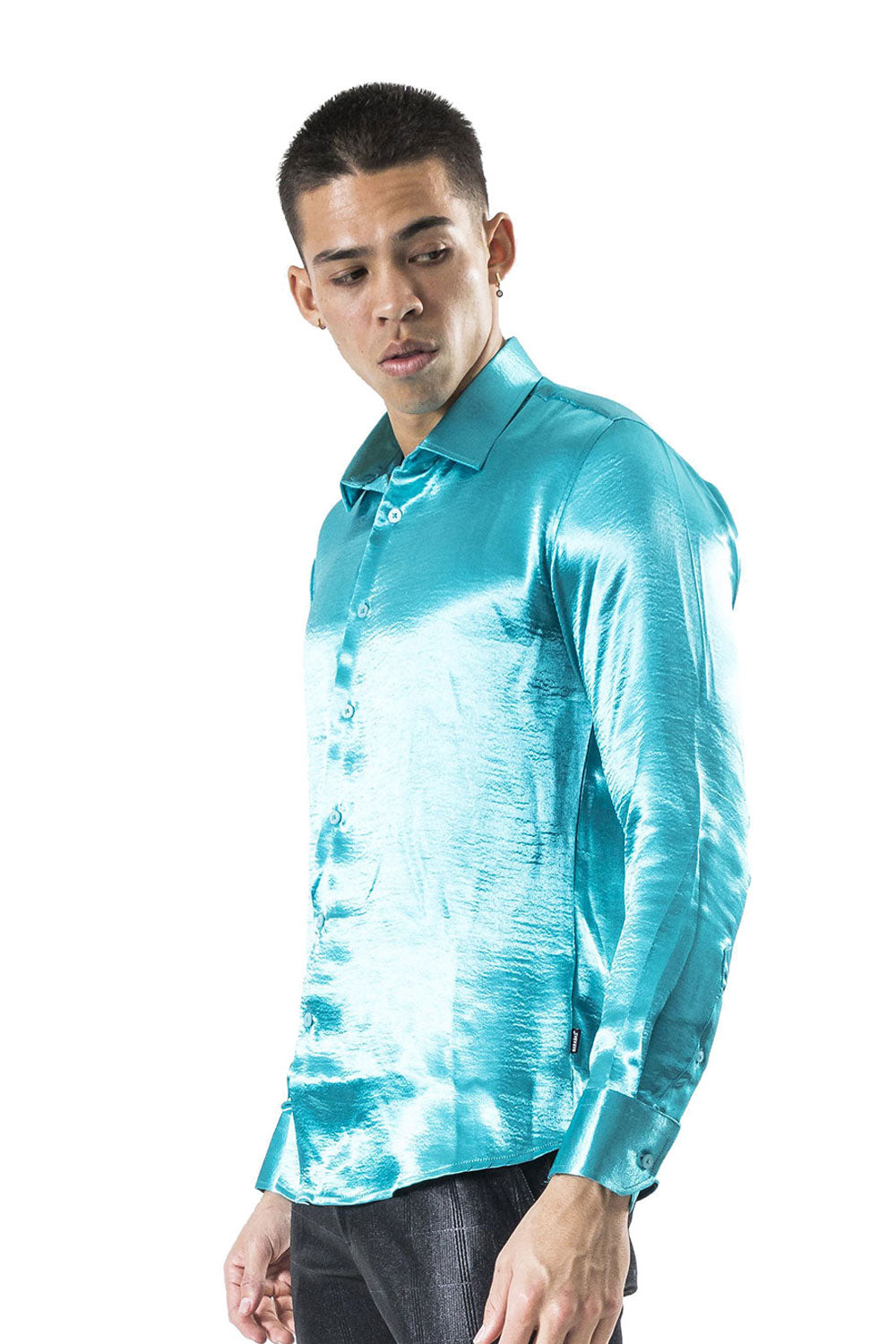 BARABAS Men shinny solid color button down dress Shirts B302 Turquoise