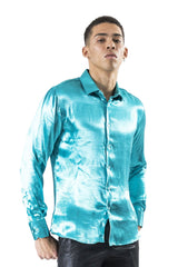 BARABAS Men shinny solid color button down dress Shirts B302 Turquoise