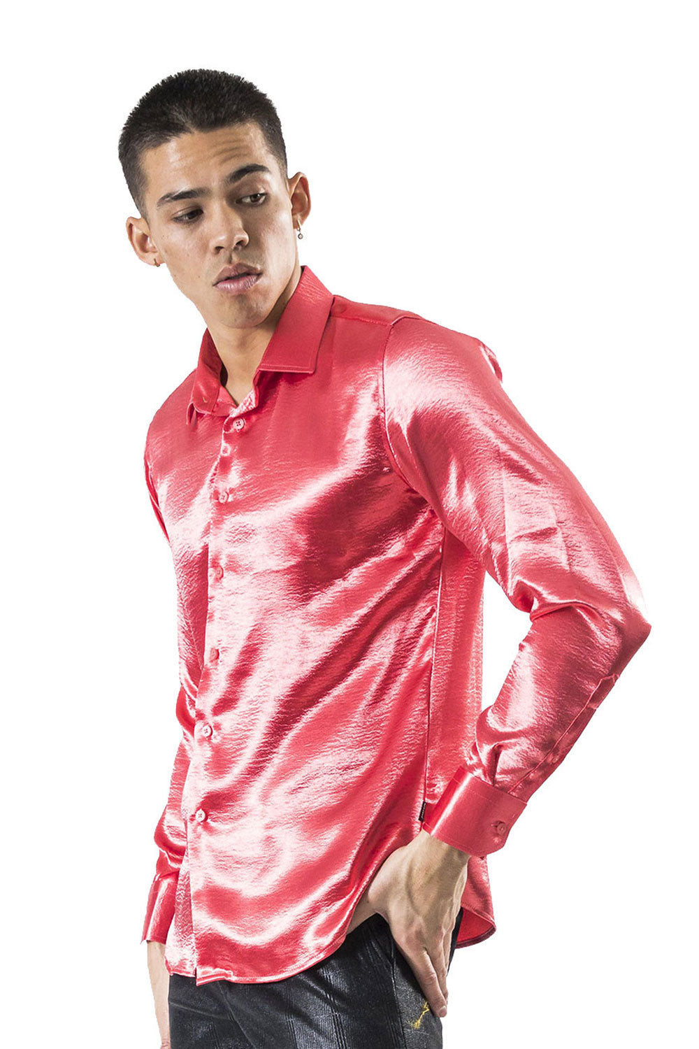 BARABAS Men shinny solid color button down dress Shirts B302 Salmon