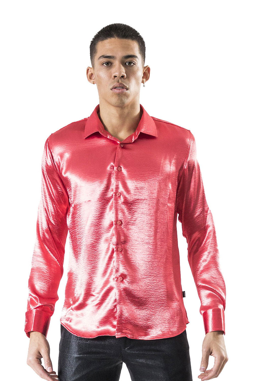 BARABAS Men shinny solid color button down dress Shirts B302 Salmon