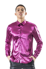 BARABAS Men shinny solid color button down dress Shirts B302 Eggplant