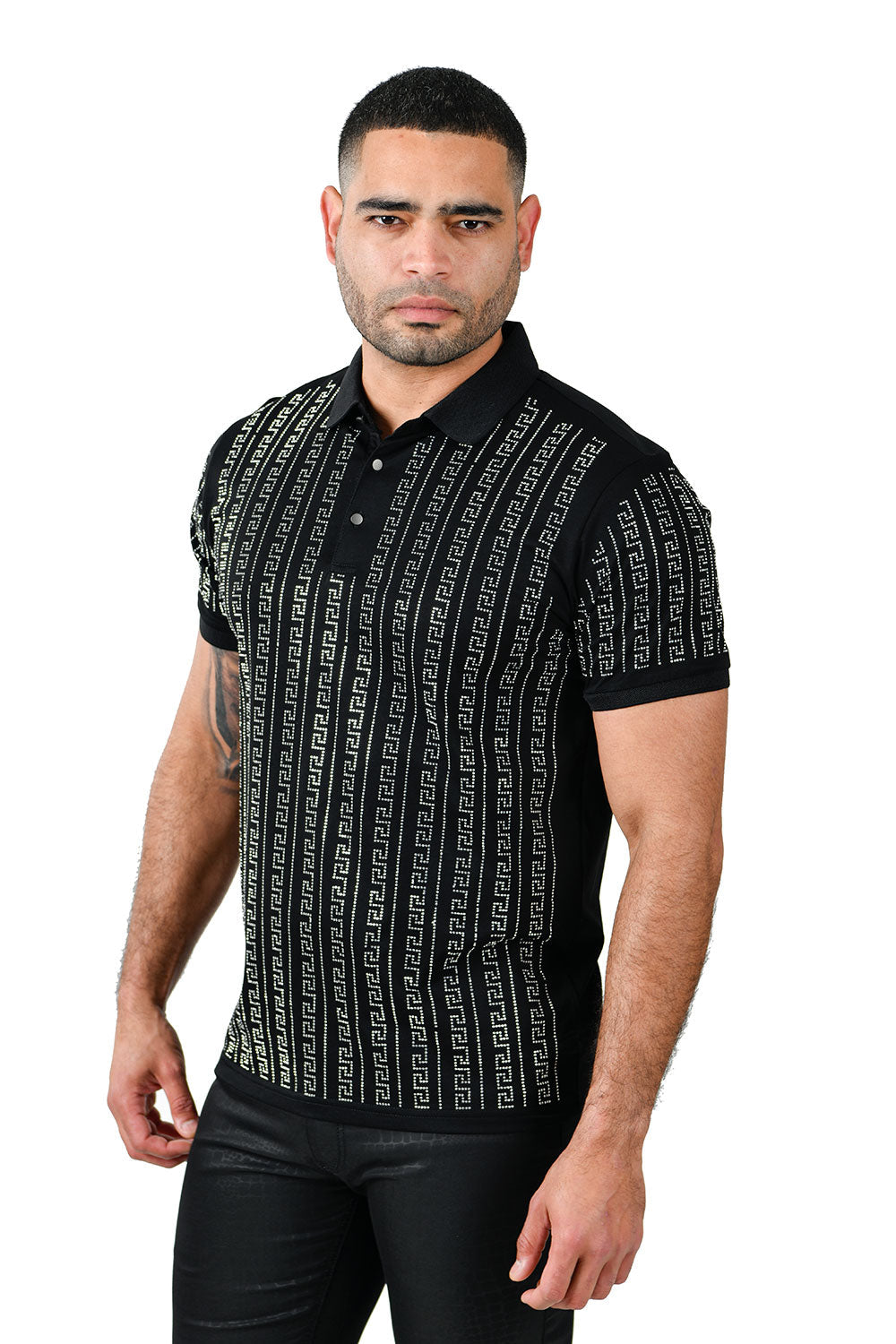 BARABAS Men's Rhinestone Greek pattern Short Sleeve Polo Shirt PS107