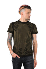 Barabas Men's Rhinestone Floral Oriental Print Pattern T-Shirt PS123 Black and Gold