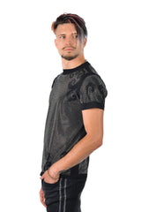 Barabas Men's Rhinestone Floral Oriental Print Pattern T-Shirt PS123 Black and Silver
