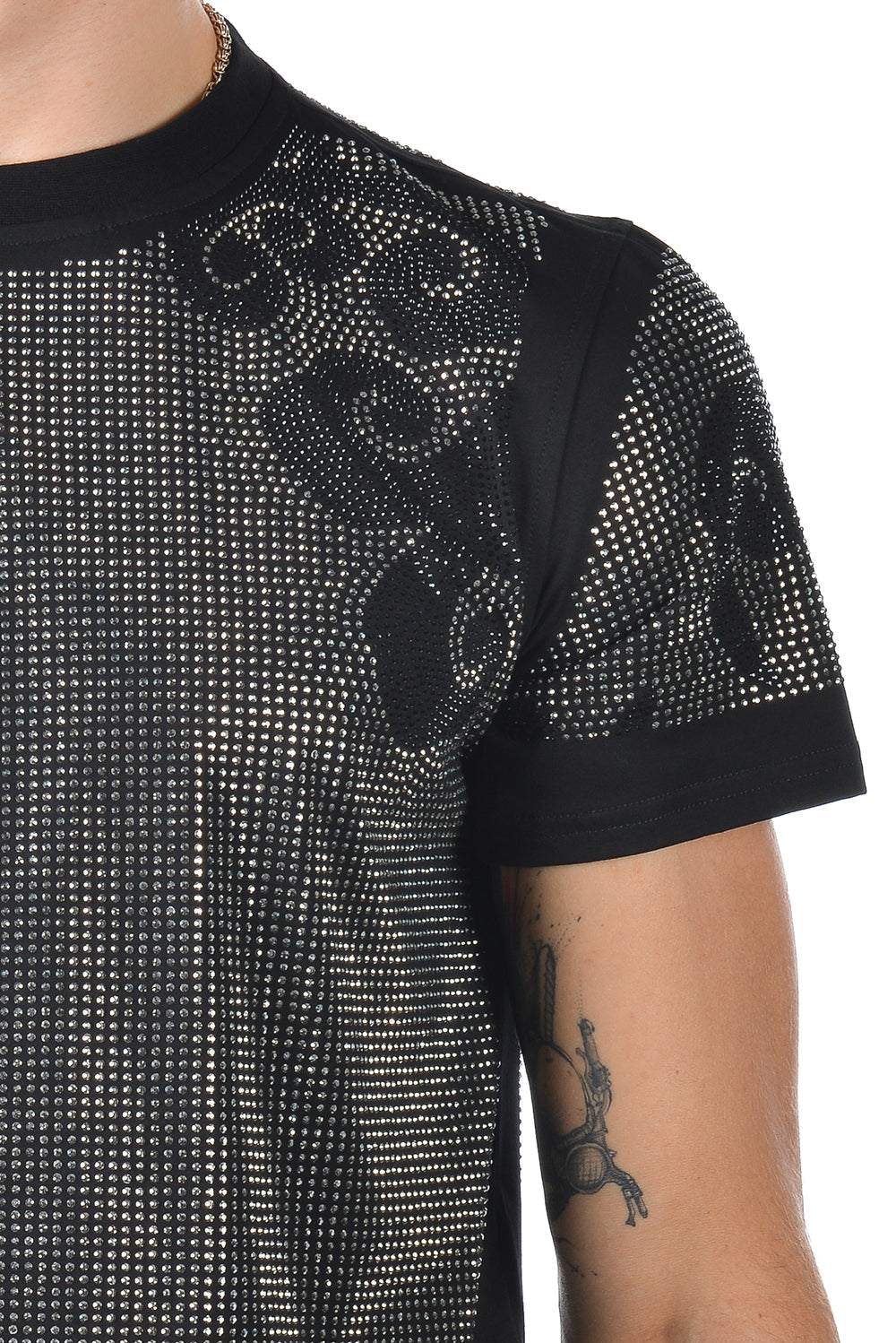 Barabas Men's Rhinestone Floral Oriental Print Pattern T-Shirt PS123 Black and Silver