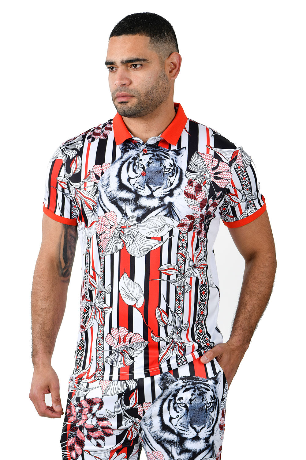 Barabas men's printed tiger floral, striped polo shirt PSP2012