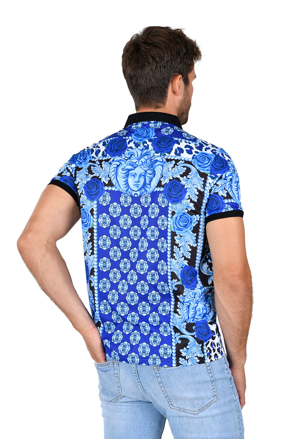 Barabas Men's Medusa Floral Rose Short Sleeve Polo Shirt PSP2015 blue