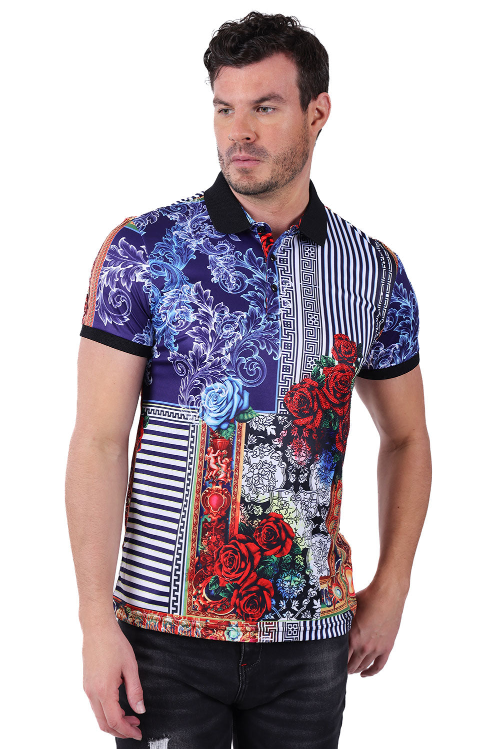 Barabas Men's Greek Key Rhinestone Floral Baroque Polo Shirt PSP2021