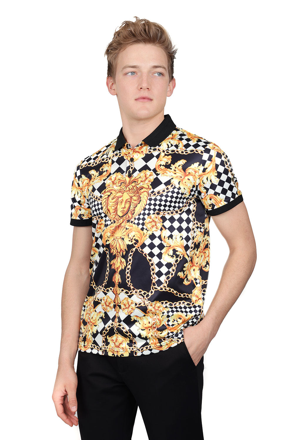 Barabas Men's Medusa Chain Checkered Floral Baroque Polo Shirt PSP2037
