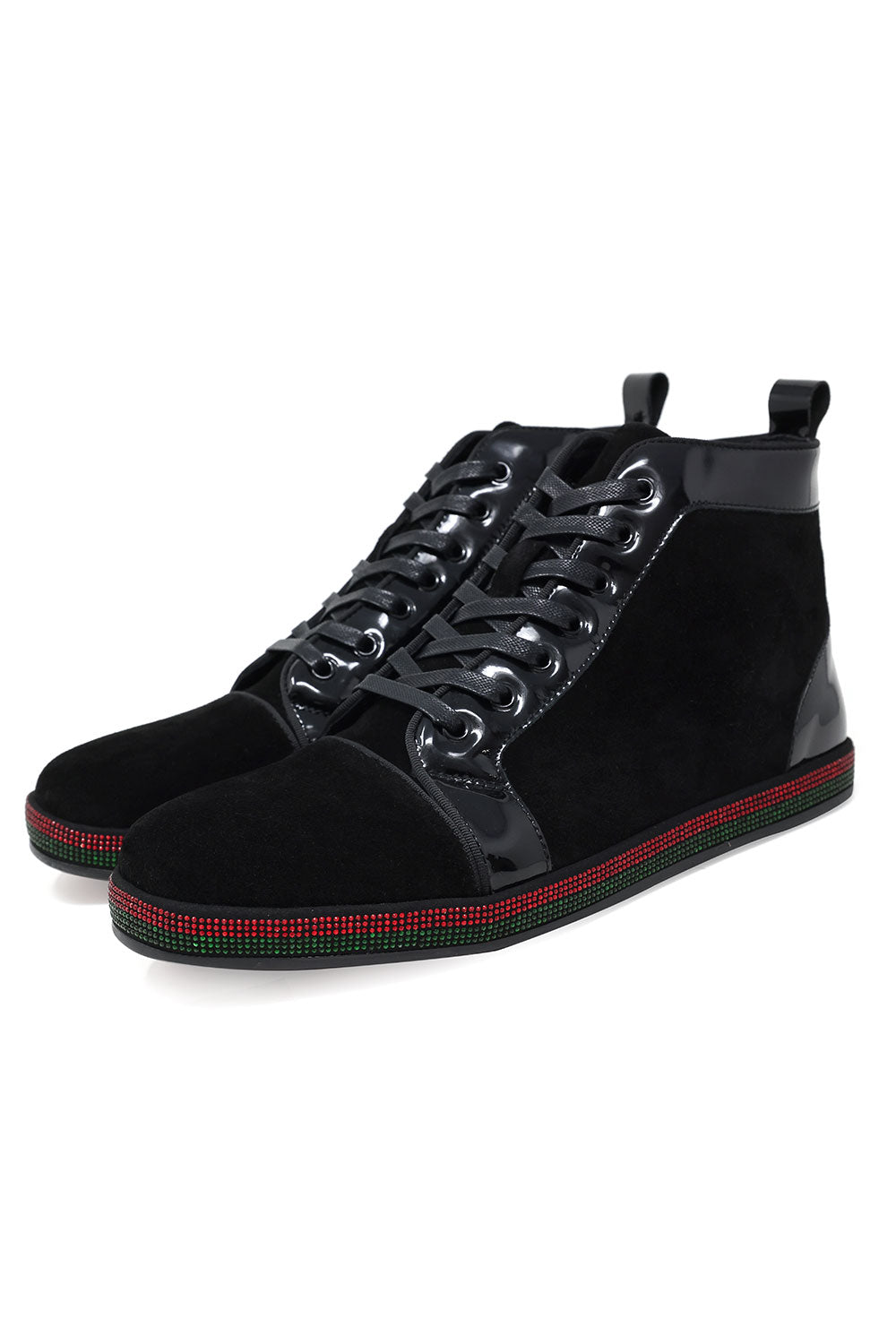 Barabas Men's Red Green Rhinestone Black Velvet Sneakers SH720