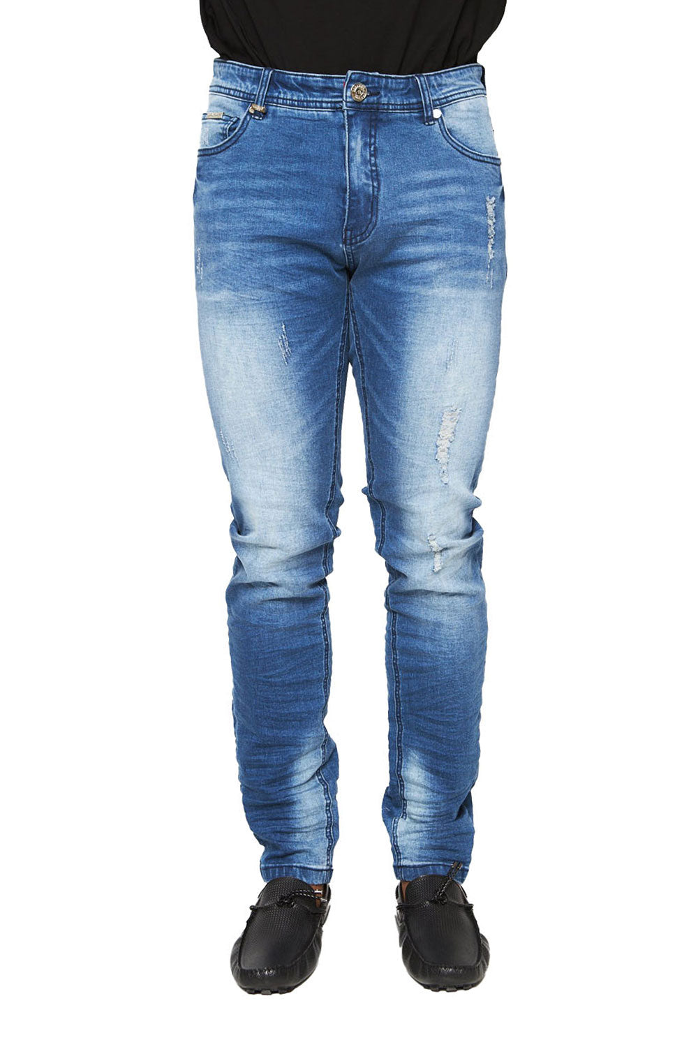 BARABAS Men's Distressed ripped Black blue Denim Jeans SN8851 