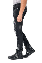 BARABAS Men's Ripped Plaid Patches Rhinestone Spike Denim Jeans SN8864