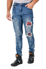 BARABAS Men's Ripped Plaid Patches Rhinestone Spike Denim Jeans SN8864