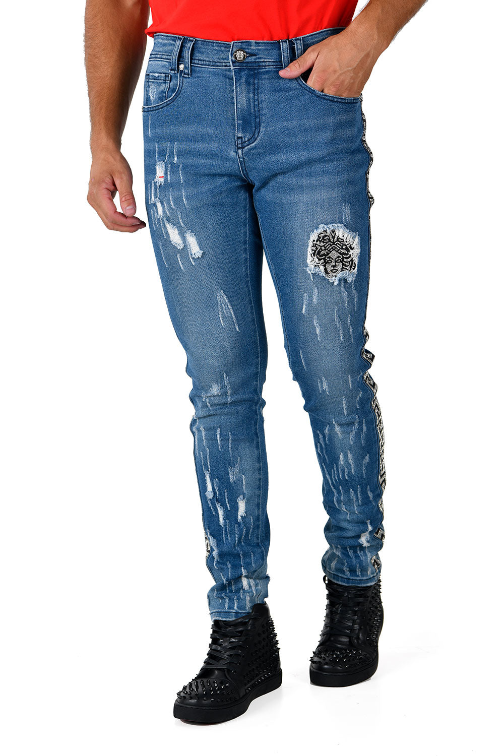 BARABAS Mens Ripped Medusa Greek Pattern Rhinestone Denim Jeans SNG003