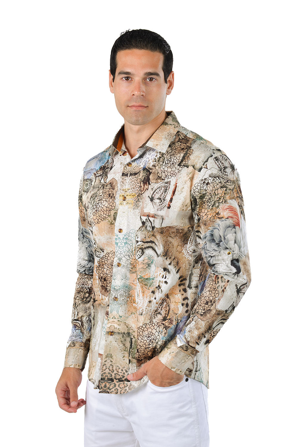 BARABAS Men's Wild Cat Floral Luxury Button Long Sleeve Shirt SP16