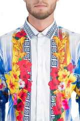 BARABAS Men's Printed Floral Greek Pattern Button Down Shirts SP612 White