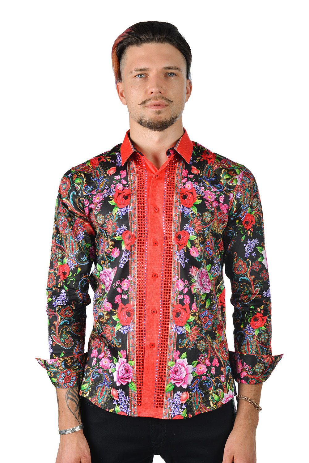 BARABAS Men's Rhinestone Floral Baroque Long Sleeve Shirt SPR07