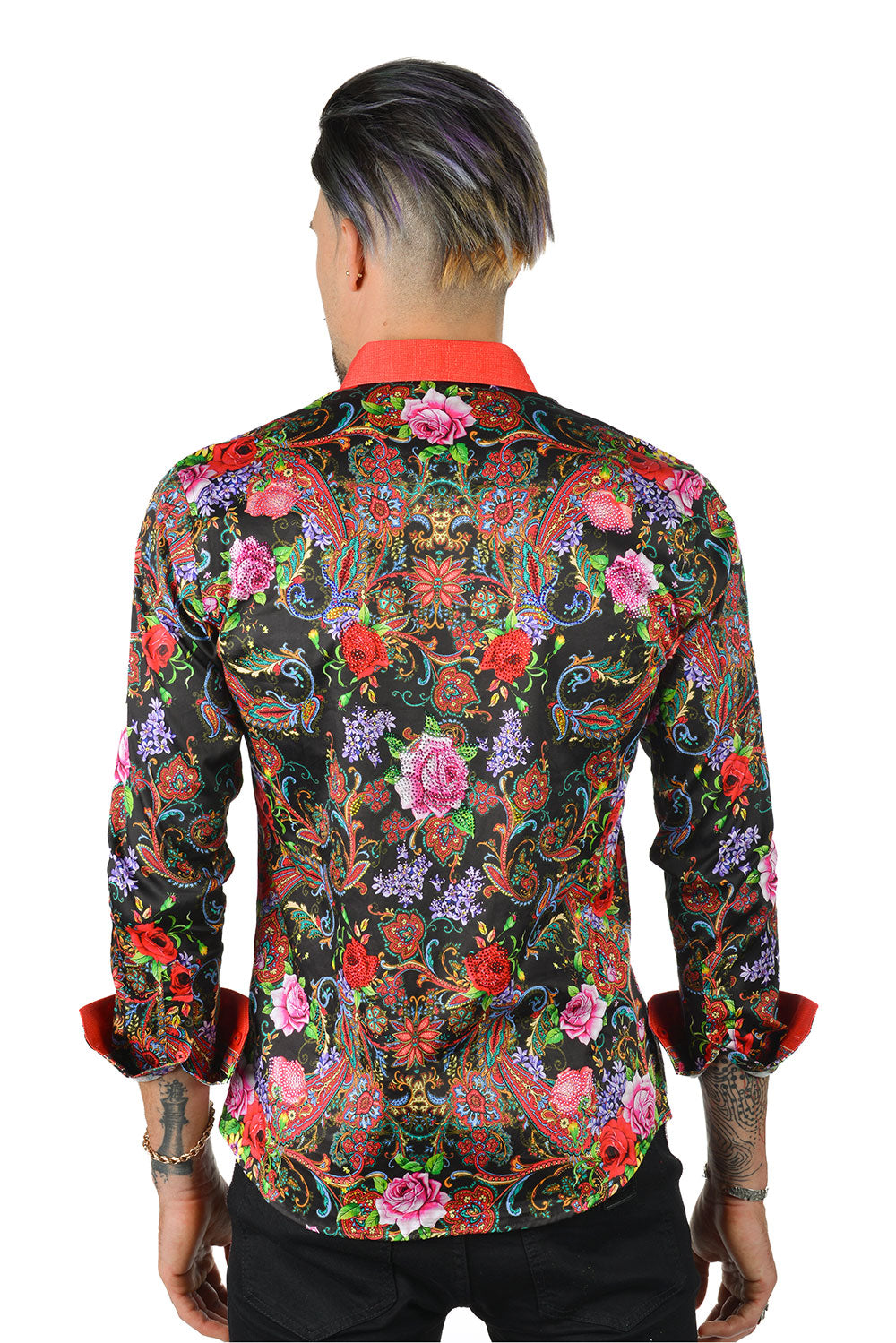 BARABAS Men's Rhinestone Floral Baroque Long Sleeve Shirt SPR07