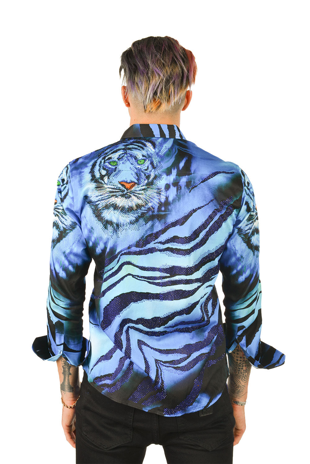 BARABAS Men's Rhinestone Tiger Scratch Prints Long Sleeve Shirt SPR11