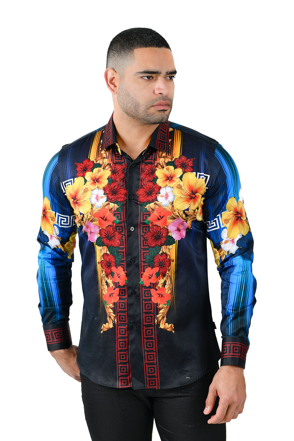 BARABAS Men's Rhinestone Floral Tiger Greek Pattern shirts SPR612