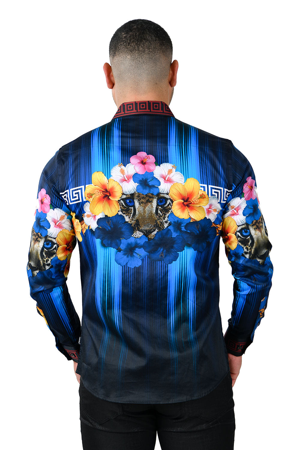 BARABAS Men's Rhinestone Floral Tiger Greek Pattern shirts SPR612