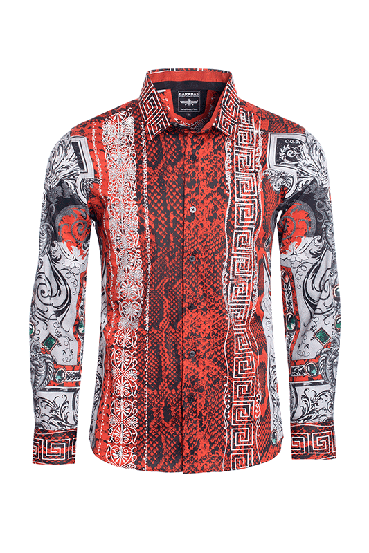 BARABAS Men's Black Snake Greek Pattern Rhinestone dress Shirts SPR962 Red