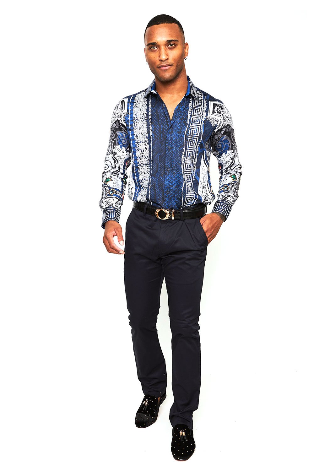 BARABAS Men's Blue Snake Printed Rhinestone Long Sleeve Shirts SPR962 Royal