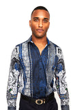 BARABAS Men's Blue Snake Printed Rhinestone Long Sleeve Shirts SPR962 Royal