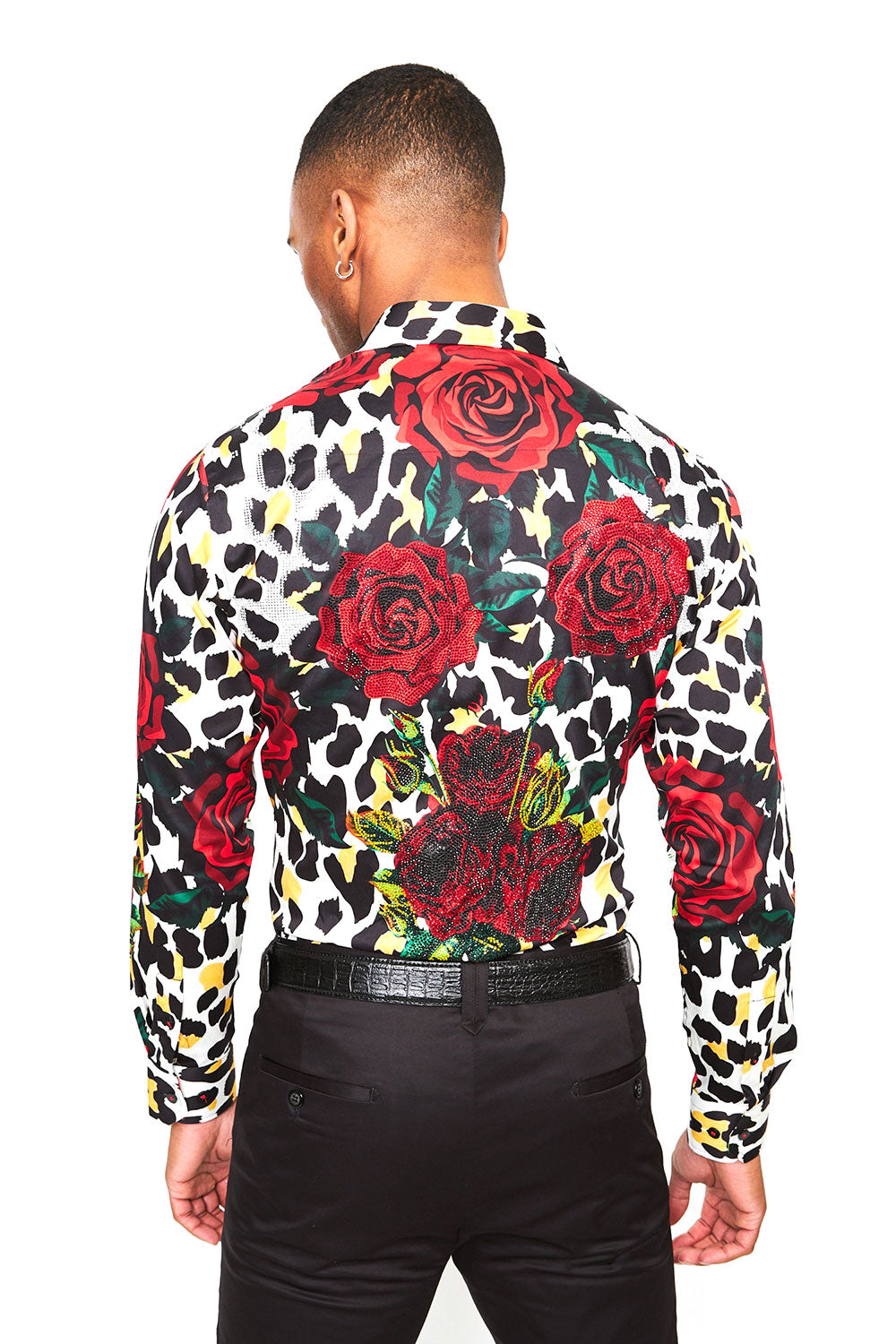 BARABAS men's Rhinestone Floral Roses Leopard Long Sleeve Shirts SPR964