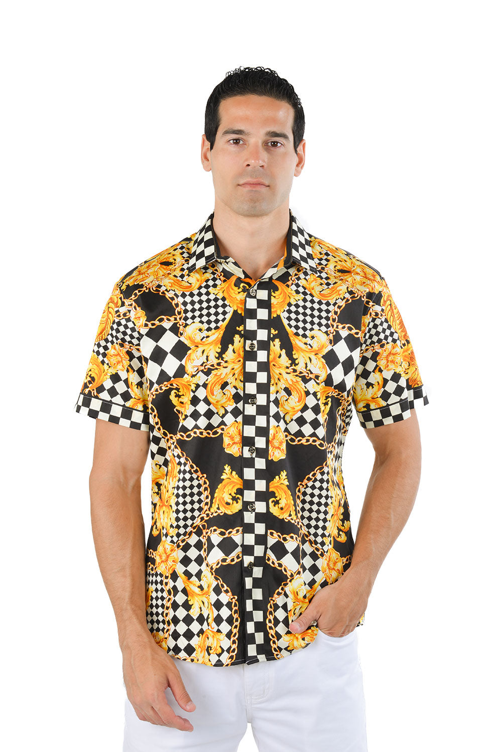 BARABAS Men's checkered chain graphic short sleeve shirt SS02 yello