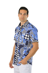 BARABAS Men's checkered chain graphic short sleeve shirt SS02 blue
