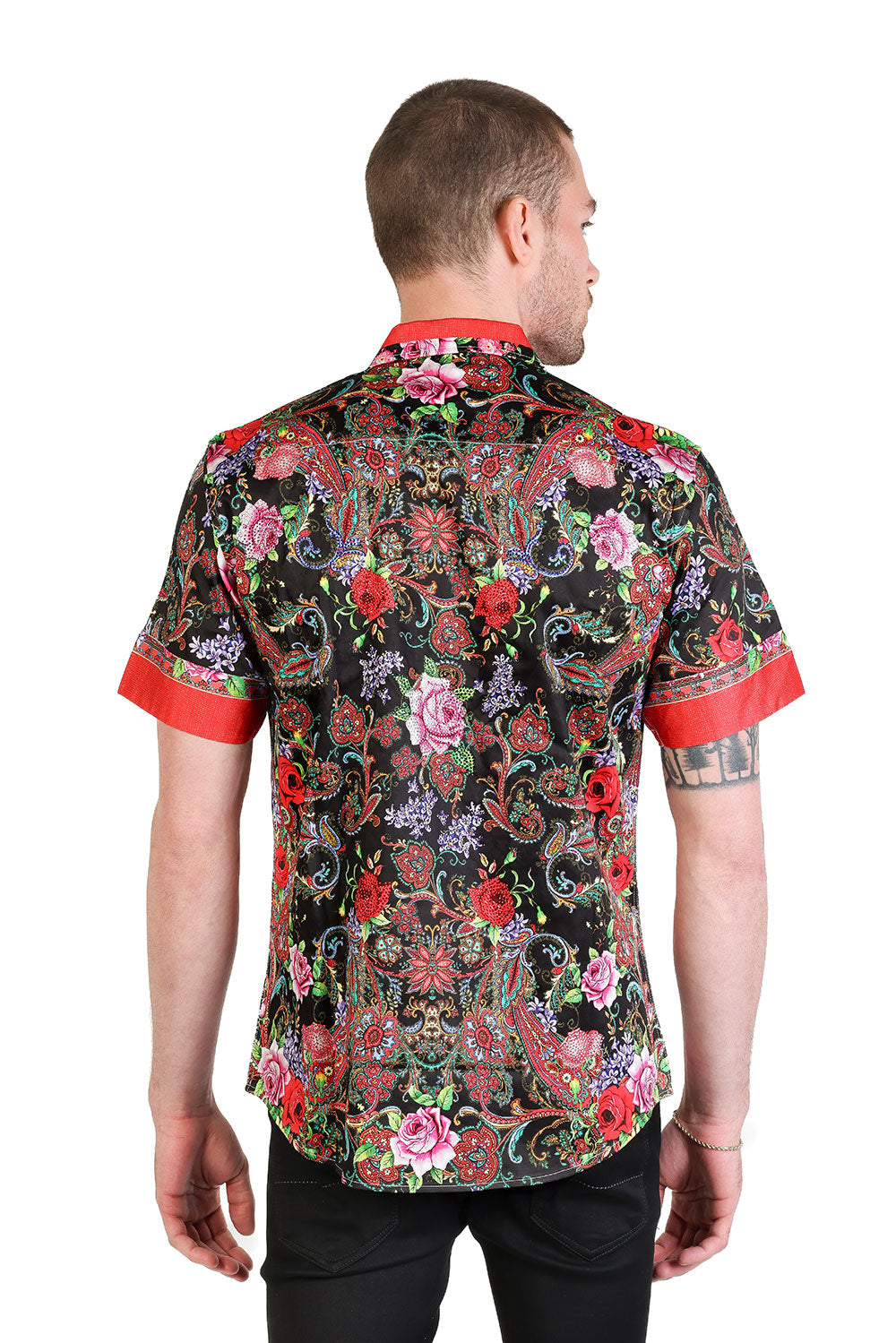 BARABAS Men's Rhinestone Floral Baroque  Short Sleeve Shirt SSR07